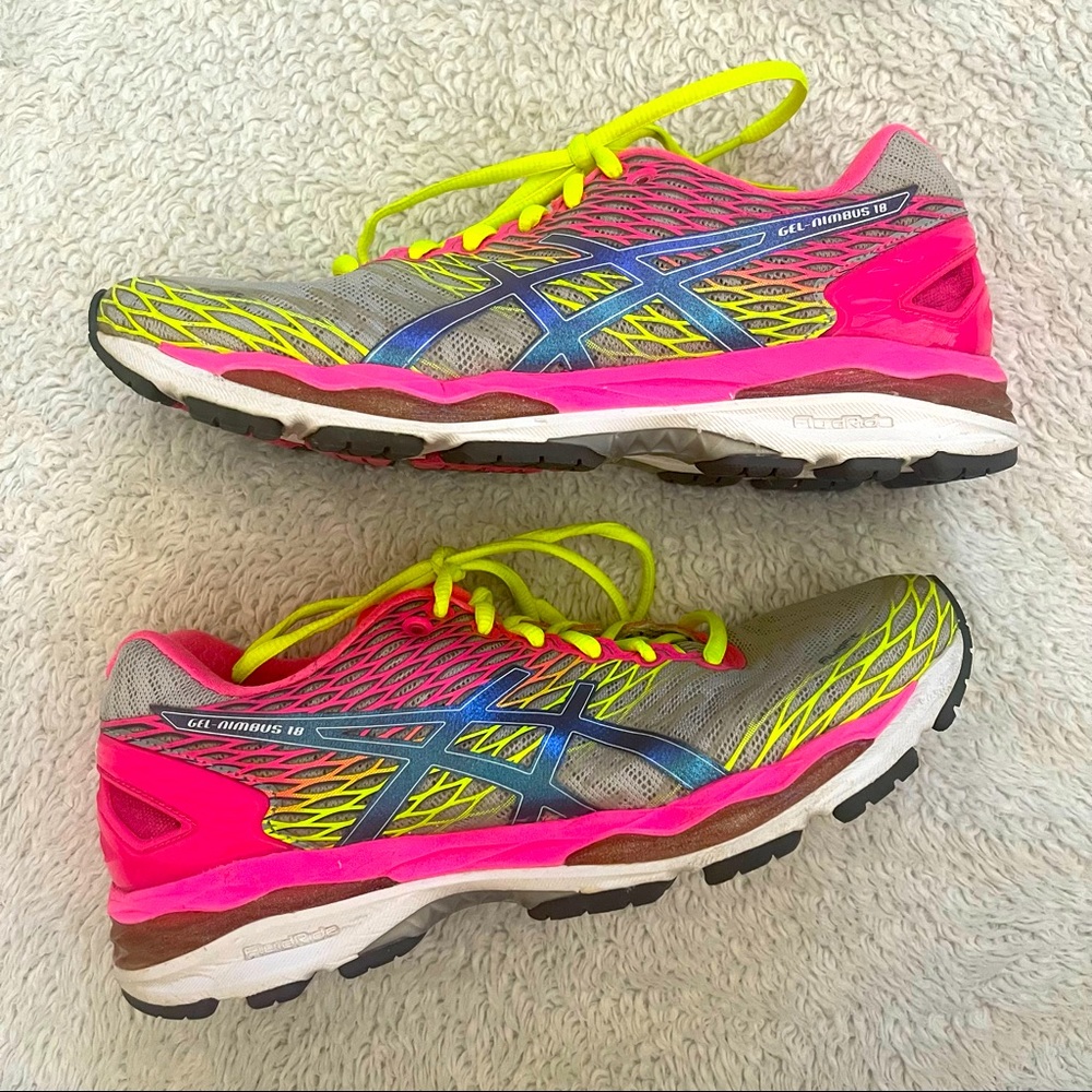 Asics Gel Nimbus 18 Grey Pink and Yellow. Size 9